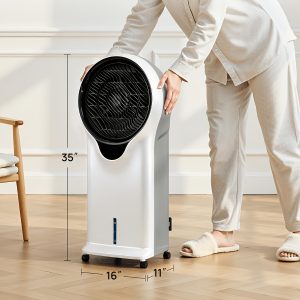 35'' Portable Evaporative Air Cooler, 1.45gal Removable Water Tank Swamp Cooler, 3 Modes 3 Speeds Oscillation Cooling Fan with 2 Ice Packs, Bladeless Safe Cooler for Room Office