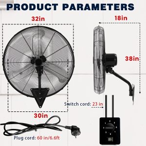 20 Inch Wall Mounted Fan with High-Power Motor, 2pcs Set, 120 Degree Swing, 60 Degree Tilt, And 3-Speed Setting, Durable Industrial Fan Suitable for Industrial Grade Cooling Equipment in Garages, Workshops, Offices, And Homes