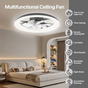 Newest LED Ceiling Fan with Light, APP & Remote Control, 3 Color Temperatures, 6 Adjustable Speeds, Flush Mount Design for Bedroom, Night Mode, Timer Setting, Wireless Control, Polished Finish, Bedroom Ceiling Fan | Contemporary Lighting