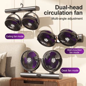 Portable Desktop Double-Headed Three-Leaf Air Circulation Fan, USB Charging Desktop Soft Sound Fan, Household Wall-Mounted Fan, 3-Speed Adjustment of Strong Wind, Multi-Angle Air Supply, Atmospheric Night Light, Suitable for Camping, Home And Office